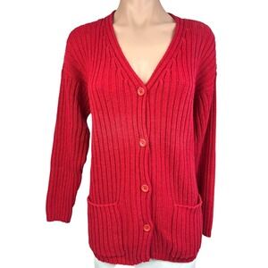The Limited Size M Red Cardigan Sweater Linen/Cotton 3/4 Sleeve 2 Pockets